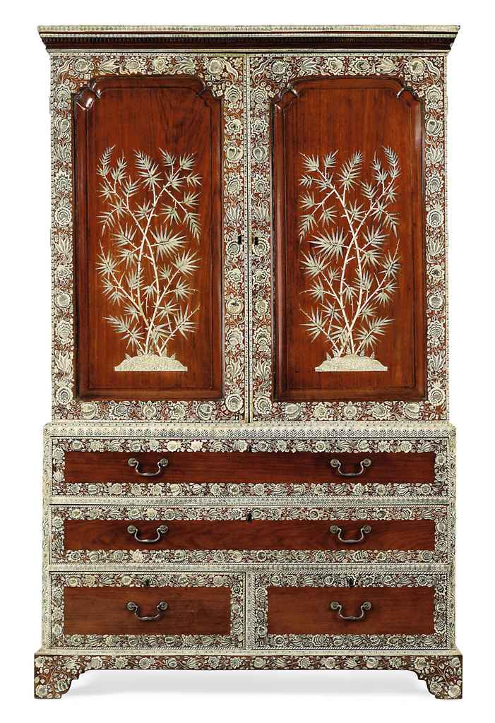 AN ANGLO-INDIAN IVORY-INLAID INDIAN ROSEWOOD LINEN-PRESS