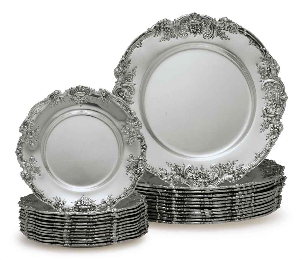 A SET OF TWELVE SILVER DINNER PLATES AND TWELVE SILVER BREAD PLATES , MARK OF REED & BARTON ...