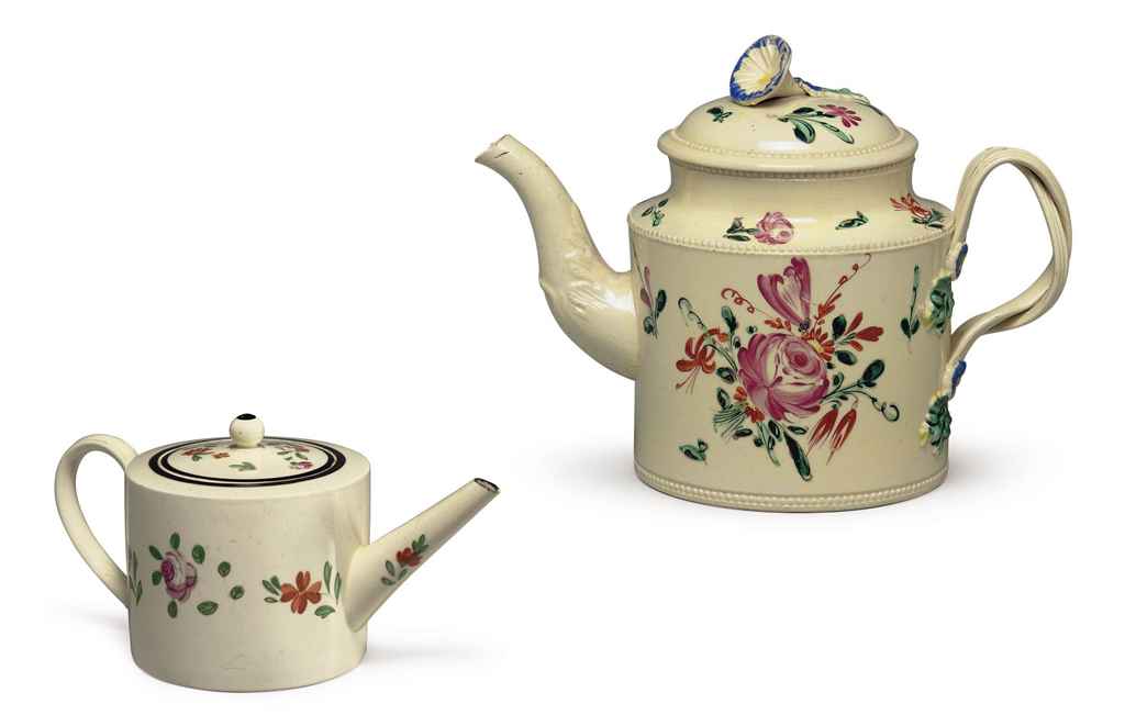 A WEDGWOOD CREAMWARE MINIATURE TEAPOT AND COVER AND A LEEDS CREAMWARE