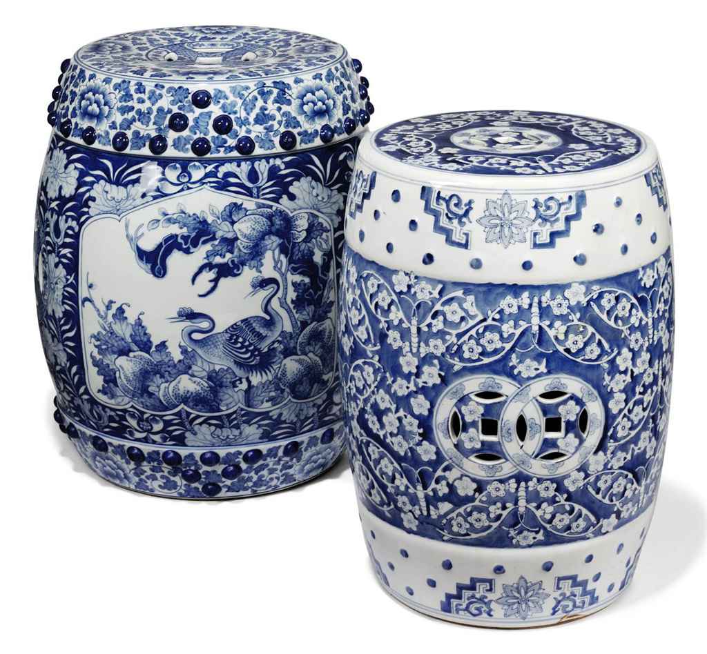TWO CHINESE BLUE AND WHITE PORCELAIN PIERCED BARRELSHAPED GARDEN SEATS