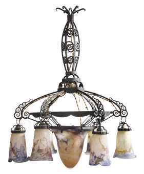 A MULLER FRERES GLASS AND WROUGHT-IRON CHANDELIER  
