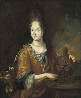 lady, three-quarter-length, in a rust and blue dress beside a fountain 