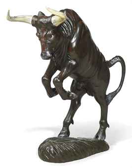 A LARGE PAINTED WOOD MODEL OF A BULL  