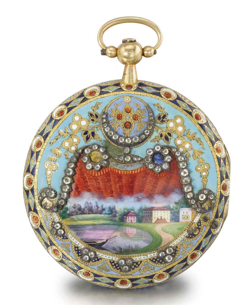 Le Roy A fine and attractive gilt brass, enamel and diamond-...