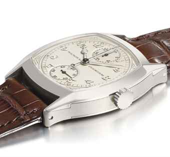 Patek Philippe. An extremely fine, important and possibly unique 18K white gold cushion-shaped single button chronograph wristwatch with vertically positioned register and Breguet numerals 