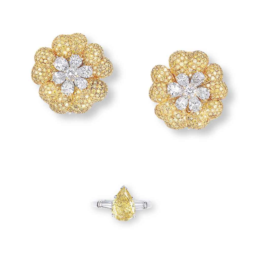 A PAIR OF COLOURED DIAMOND AND DIAMOND EAR CLIPS, BY GRAFF A...