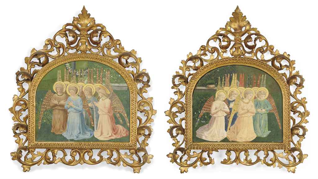 A PAIR OF FLORENTINE WATERCOLOURS OF SINGING ANGELS IN GILTW...