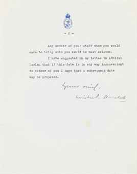 CHURCHILL, Winston S. Typed letter signed (Winston S. Churchill), as First Lord of the Admiralty, to Cesar Campinchi, London, 24 November 1939. 2 pages, 4to, Admiralty stationery, slight staining on first page.