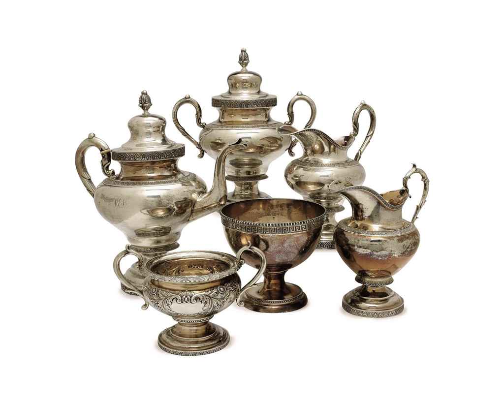 AN ASSEMBLED AMERICAN SILVER SIX-PIECE TEA SERVICE