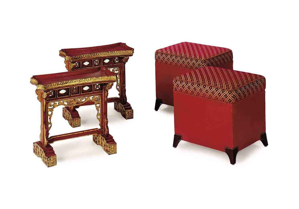 A PAIR OF RED-PAINTED AND UPHOLSTERED OTTOMANS