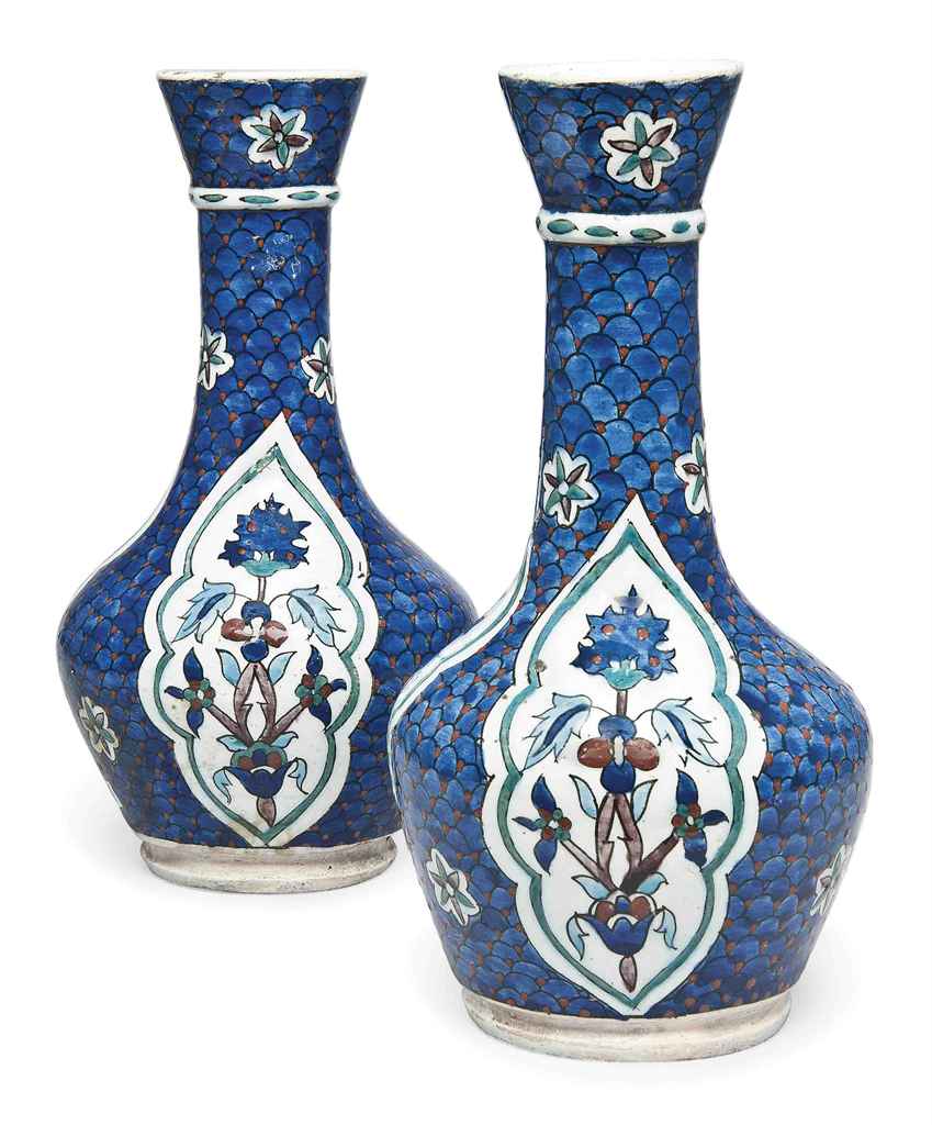 A PAIR OF KUTAHYA POTTERY BOTTLES , OTTOMAN TURKEY, 19TH CENTURY