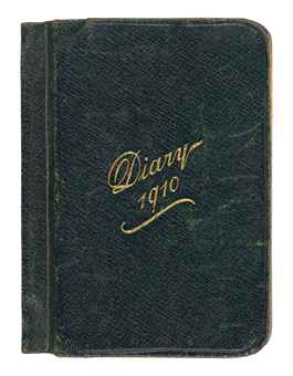 SCOTT, Robert Falcon (1868-1912). Scott's pocket diary for 1910, an 'Army & Navy Thin Pocket Diary', ownership inscription on title ('Captain Robert F. Scott. RN &c  36-38 Victoria St.  Westminster  SW'), brief entries in pen and pencil for c.116 days between 4 December 1909 and 12 July 1910, addresses and lists of names on concluding leaves, a typed leaf 'Approximate Programme of Terra Nova's movements' ('Leave London June 1st ... Leave Lyttelton Novr. 15th'), with four autograph emendations, inserted in pocket inside upper cover, small 8vo (122 x 90mm), green roan; [with] a gentleman's wallet, exterior black leather, lining tan leather, stamped on upper cover with initials 'R.S.', silver corner-pieces (tarnished, scuffed), visiting card of Viscount Knutsford loosely inserted, inscribed 'This book [sic] belonged to Capt Scott of S. Polar fame & was given to me by his son Peter'; [and] a portrait print of Scott, n.d. [after 1912], copyright Maull & Fox, 187 Piccadilly, facsimile signature, 497 x 359mm (soiled). Provenance: Robert Falcon Scott, and thence by descent to the present owner.  Scott's pocket diary for his last months in England offers a vivid, though elliptical, insight into the frantic pace of preparations for the Terra Nova expedition, with which almost all the entries are in some way concerned. The earliest, for 4 December 1909, notes 'Interview Drs Wilson & Atkinson'; on 20 December, 'Wilson with Candidates'; other appointments as the months go by include practical meetings at the Australian and New Zealand High Commissions, the Admiralty and the R.G.S.; his departure for Norway is noted on 26 February, where on 1 March he is to 'Go to furs people & sledges'. Many of the entries reflect Scott's preoccupation with the financing of the expedition, which takes him on tours to Middlesbrough, Manchester, Liverpool and elsewhere, and the necessary round of dinners, lectures and press calls. As the date of the expedition's departure approaches, on 27 April he notes 'Medical Exam: for Officers', on 7 May 'Ship including experiments' and on 26 May 'Huntley & Palmers Directors visit Ship'; on 7 June he notes 'Leave for Cardiff'. Amongst the last entries are a series of valedictory audiences: 25 June 'Audience Queen Alexandra', 5 July '11.0 Audience H.M. The King' and 12 July 'Prime Minister'(?). Among the concluding memoranda are a few notes of addresses of expedition members, suppliers and others, and scattered memoranda, including 'send Wilson Scurvy' and the poignant 'After the expedition a list of firms whose goods were taken and were found to be thoroughly satisfactory will be published'. Scott left England for the last time on 16 July, rejoining the Terra Nova in Cape Town. 	 (3) 