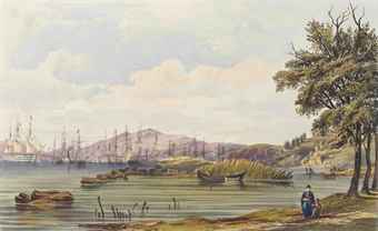 PARKER, William Hyde. A Series of Sketches in the Black Sea. London: Dickinson Brothers [c.1850]. Oblong 2° (385 x 550mm). 5 (of 11) tinted lithographs after Parker, of which 3 hand-coloured. (Two plates with mostly marginal spotting and some wear at edges.) Loose in the original printed wrapper for part 2 additionally numbered '3' in manuscript (tears along the spine and at spine ends, light soiling).