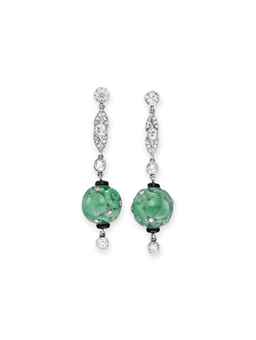 A PAIR OF ART DECO JADE, DIAMOND AND ONYX EAR PENDANTS  