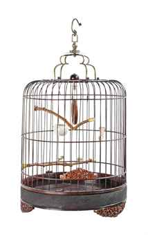 A CHINESE LACQUERED WOOD BIRDCAGE  