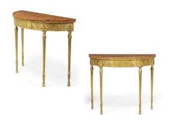 A PAIR OF GEORGE III STYLE GILTWOOD AND GESSO DEMI-LUNE PIER TABLES  