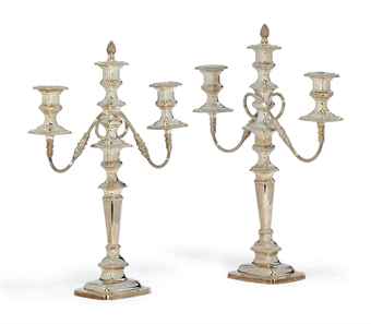 A PAIR OF ELECTROPLATED THREE-LIGHT CANDELABRA  