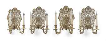 FOUR WILLIAM & MARY STYLE SILVER-PLATED TWO BRANCH WALL LIGHTS  