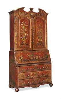 A SOUTH EUROPEAN RED JAPANNED BUREAU BOOKCASE  