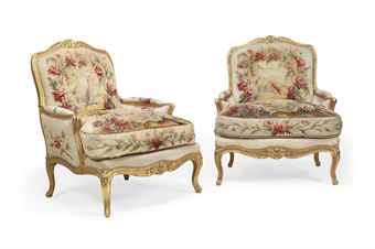 A PAIR OF LOUIS XV STYLE TAPESTRY COVERED GILTWOOD BERGERES  