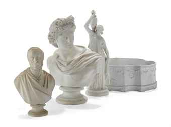 TWO ENGLISH PARIAN BUSTS, A FIGURE OF A WATER-CARRIER AND A BISCUIT PORCELAIN CACHE-POT 