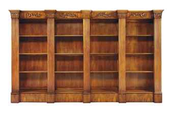 A LARGE WALNUT BREAK-FRONT OPEN BOOKCASE  