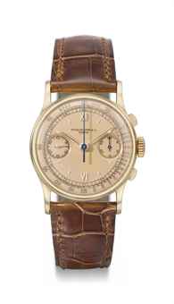 Patek Philippe. A very fine, rare and attractive 18K pink gold chronograph wristwatch with pink dial, original certificate and envelope 