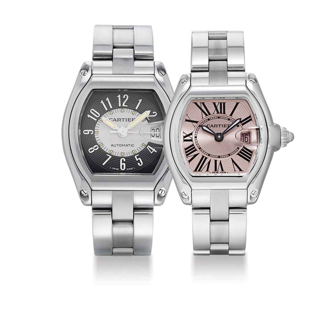 CARTIER A PAIR OF STAINLESS STEEL TONNEAU-SHAPED WRISTWATCHE...