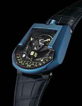 URWERK. A VERY RARE, LARGE AND UNUSUAL LIMITED SERIES DEEP BLUE PE-CVD COATED PLATINUM AUTOMATIC WRISTWATCH WITH 3-DIMENSIONAL SATELLITE HOUR DISPLAY, TELESCOPIC MINUTE HAND, TWIN TURBINE SYSTEM, MOON-PHASES AND DAY/NIGHT INDICATION 