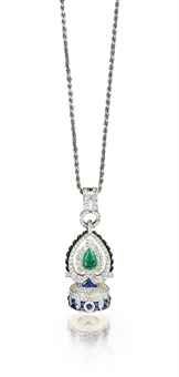 AN ART DECO MULTI-GEM AND ENAMEL WATCH PENDANT, BY CARTIER  