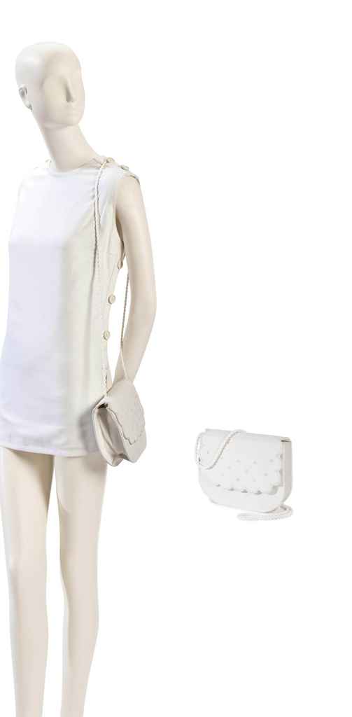 A CHRISTIAN DIOR WHITE SILK TUNIC DRESS AND WHITE LINEN BAG ...