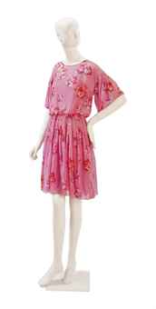 A CHRISTIAN DIOR PINK CHIFFON FLORAL PRINT DRESS  