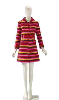 AN EMANUEL UNGARO RED, PINK, BROWN AND YELLOW STRIPED WOOL COAT  