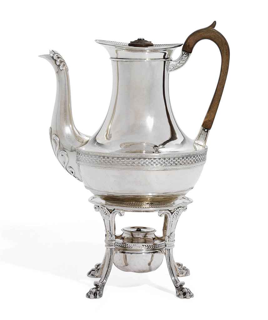 A VICTORIAN SILVER COFFEEPOT, STAND AND LAMP , MARK OF ROBERT GARRARD