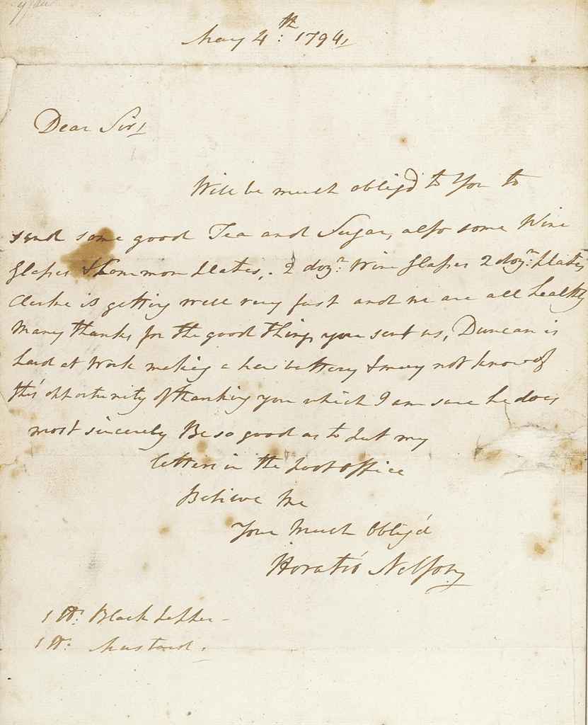 NELSON, Horatio, Viscount (1758-1805) Autograph letter signe...