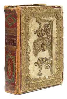 [PUSHKIN, Alexander Sergeevich (1799-1837)]. Severnye Tsvety na 1831 god. [Northern Flowers for the Year 1831.] St. Petersburg: Dept. of Public Education, 1830. 16° (122 x 100mm). Additional engraved title, and two leaves of musical notation, EXTRA ILLUSTRATED with two lithographed plate (perhaps without one plate once bound before p.101). (Spotting throughout.) Contemporary Russian binding with red morocco spine, white silk sides with richly gilt frame and allegorical scenes onlaid in red morocco gilt, white silk endpapers with gilt turn-ins (heavy wear to sides and extremities, hinges split and joints starting). Provenance: 'N.M.' (printed leaf bound-in dated 1831 recording the gift to an unidentified recipient).