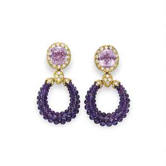 A PAIR OF KUNZITE, AMETHYST AND DIAMOND TRIPHANES EAR PENDANTS, BY VAN CLEEF & ARPELS 