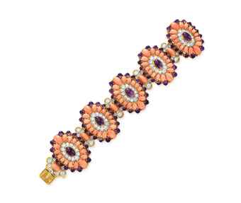 ~A CORAL, AMETHYST AND DIAMOND LAMARTINE BRACELET, BY VAN CLEEF & ARPELS 