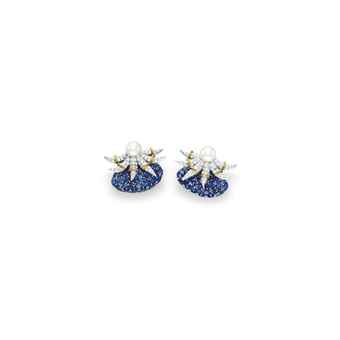 A PAIR OF DIAMOND, SAPPHIRE AND CULTURED PEARL EAR CLIPS, BY JEAN SCHLUMBERGER, TIFFANY & CO. 