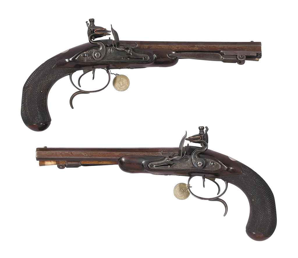 AN UNUSUAL PAIR OF 22-BORE DOUBLE-BARRELLED FLINTLOCK PISTOL...