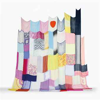 Jim Hodges, Here's Where We Will Stay printed nylon, painted chiffon and silk head scarves with thread, embroidery and sequins 230 x 225 in. (584.2 x 571.5 cm.) 1995. Source: Christies.com. Jim Hodges, Here's Where We Will Stay printed nylon, painted chiffon and silk head scarves with thread, embroidery and sequins 230 x 225 in. (584.2 x 571.5 cm.) 1995. Source: Christies.com.