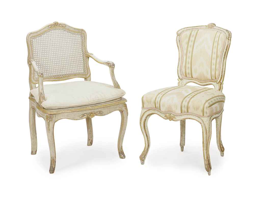 A PAIR OF LOUIS XV GREY-PAINTED AND PARCEL-GILT CHAISES