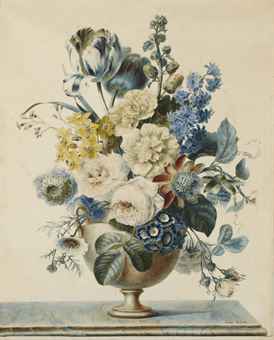 Bouquet de fleurs sur un entablement composé de tulipes, roses et autres fleurs 