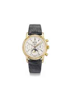 Patek Philippe. A very fine and rare 18K gold perpetual calendar chronograph wristwatch with moon phases and box 