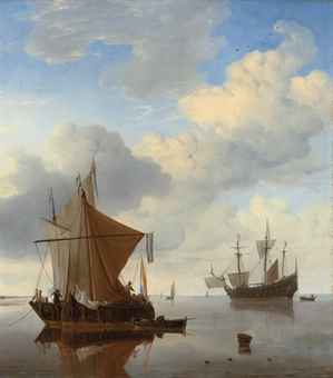 A Calm - A smalschip and a kaag at anchor with an English man-o'-war beyond 