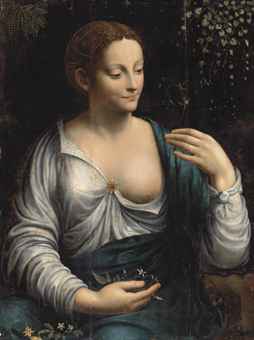 'La Columbine': Portrait of a woman as Flora, half-length, in a white, embroidered dress with a ruby brooch and a blue wrap, holding an aquilegia in her left hand, with jasmine and anemones on her lap, fern and kenilworth ivy climbing a wall beyond 