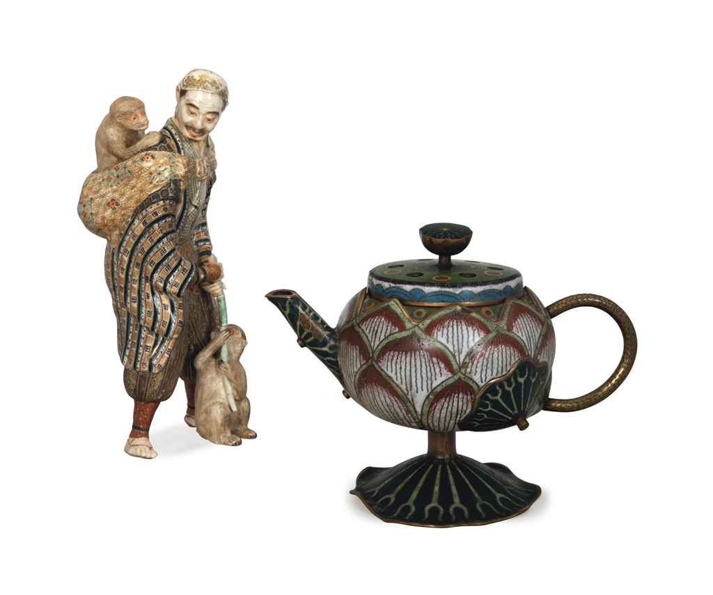A JAPANESE CLOISONNE LOTUS-FORM TEAPOT AND COVER, AND A SATS...