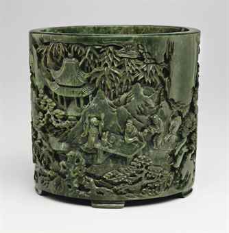 A SUPERB GREEN JADE BRUSH POT, BITONG  