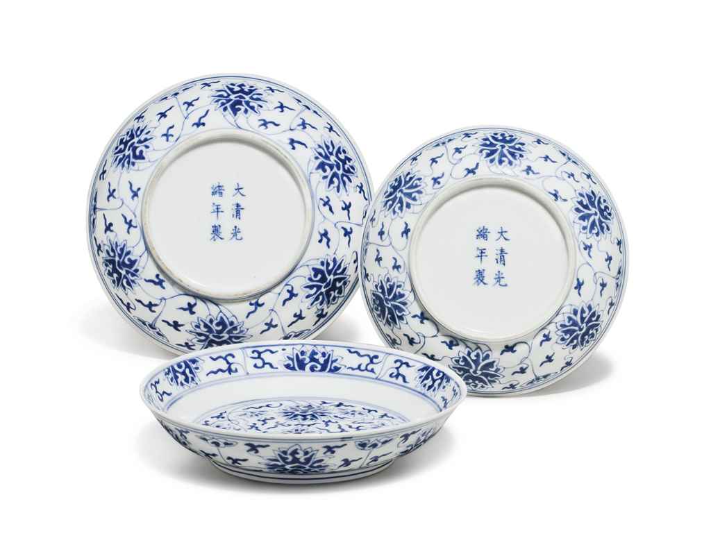 three blue and white lotus dishes guangxu six character marks in underglaze blue and of the three blue and white lotus dishes guangxu six character marks in underglaze blue and of the