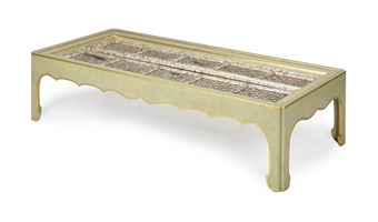 A PAIR OF ANGLO-INDIAN GILT-METAL MOUNTED MOTHER-OF-PEARL DOORS LATER MOUNTED AS A LOW TABLE, 